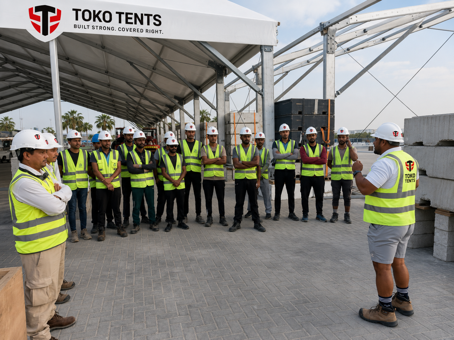 The Toko Tents crew in branded hi-vis vests and hard hats at a site briefing under a Toko tent structure